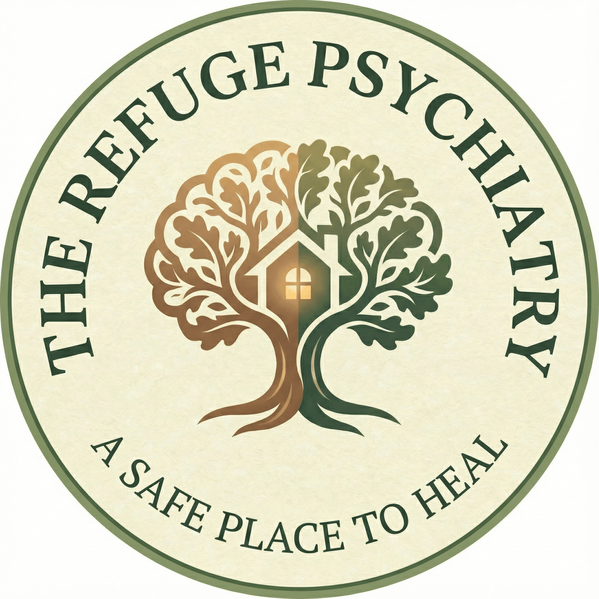 The Refuge Psychiatry logo: a tree sheltering a small house, with the words A Safe Place to Heal